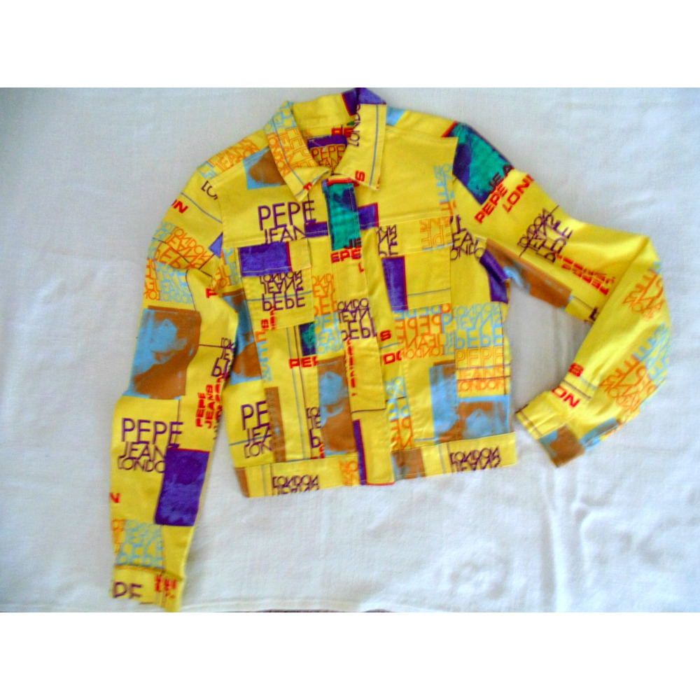 Vtg Yellow Stretch Pepe Jeans London Jacket Indie Rave Art Wear Print Womens M